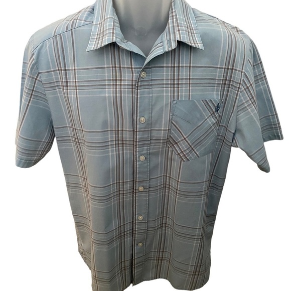 VOLCOM Stone Skate Surf Light Blue & Beige Plaid Shirt Men M Medium Classic Fit - Picture 1 of 7